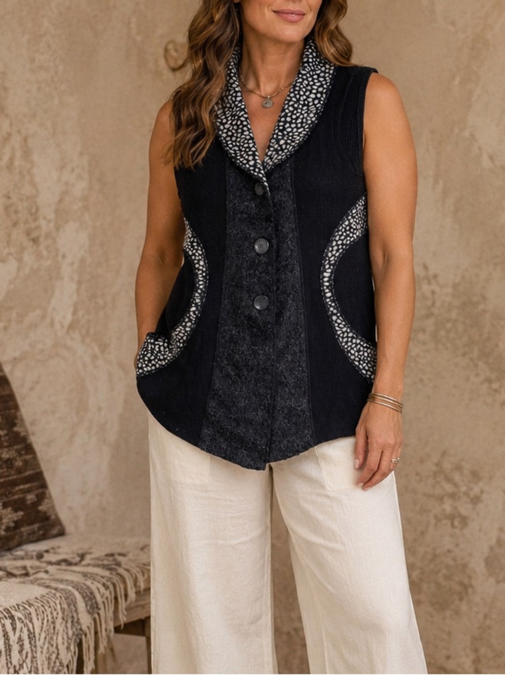 Vintage Concept Women's Wool Blend Boho Button Up Sweater Vest SZ L Bohochic